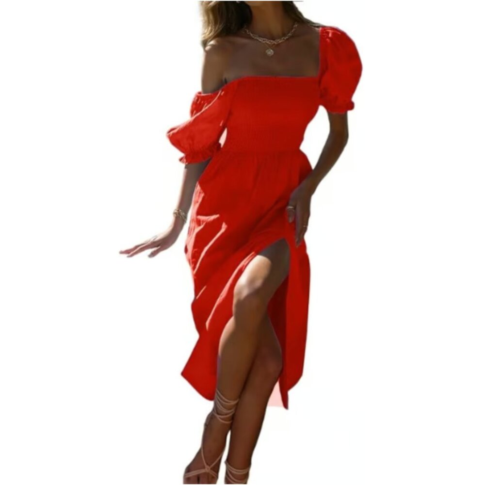 ❗️SOLD❗️ Off Shoulder Shirred Waist Split Hem Ruffle Short Midi Dress (Medium)